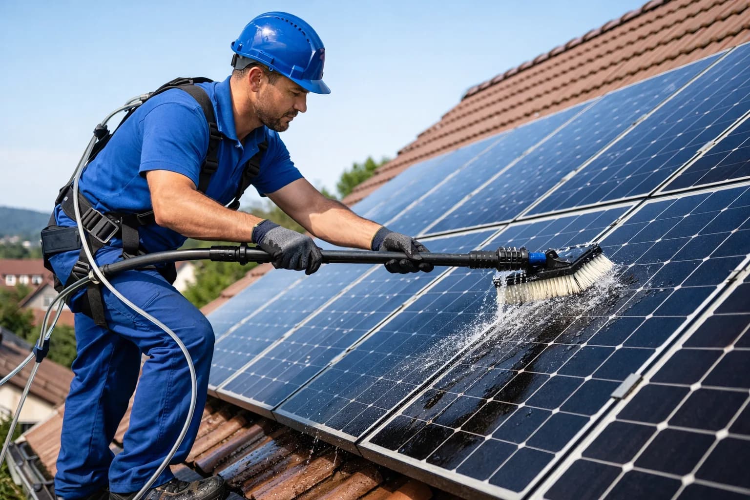Professionelle Reinigung einer Solaranlage auf einem Wohnhaus